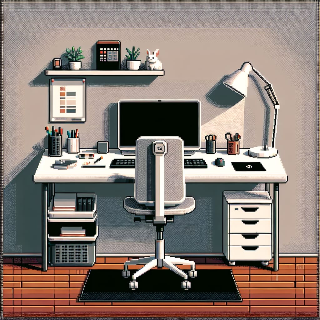 Pixel art image of a modern computer desk setup. There's a small white rabbit sitting on the shelf above the desk.