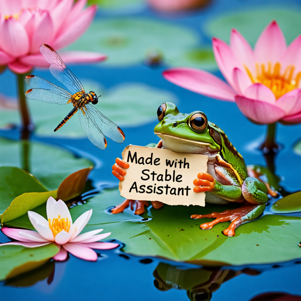 Macro photo of a tiny frog on a lily pad holding a hand-painted sign that says "Made with Stable Assistant", with a dragonfly buzzing about.