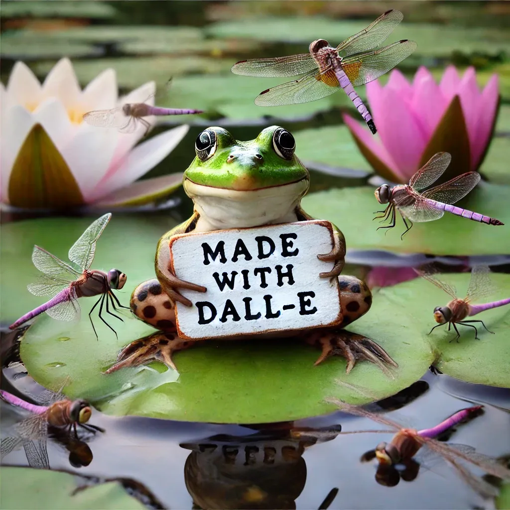 Macro photo of a tiny frog on a lily pad holding a hand-painted sign that says "Made with DALL-E", with dragonflies buzzing about.