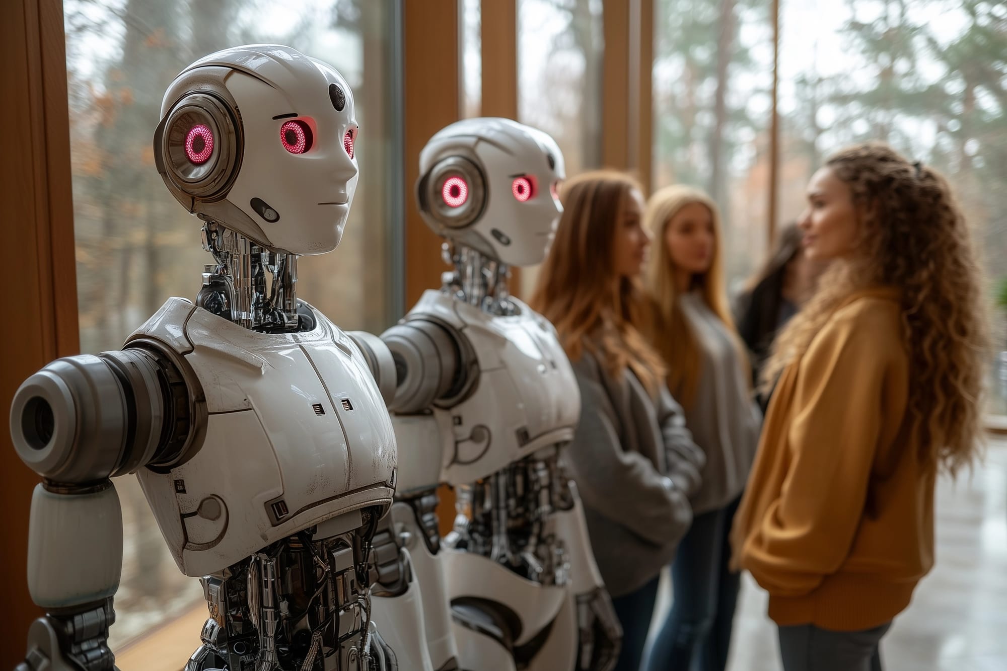 Two androids with glowing pink eyes and ears stand in the foreground while a diverse group of young women with long hair, baggy sweatshirts, and jeans, stand nearby.