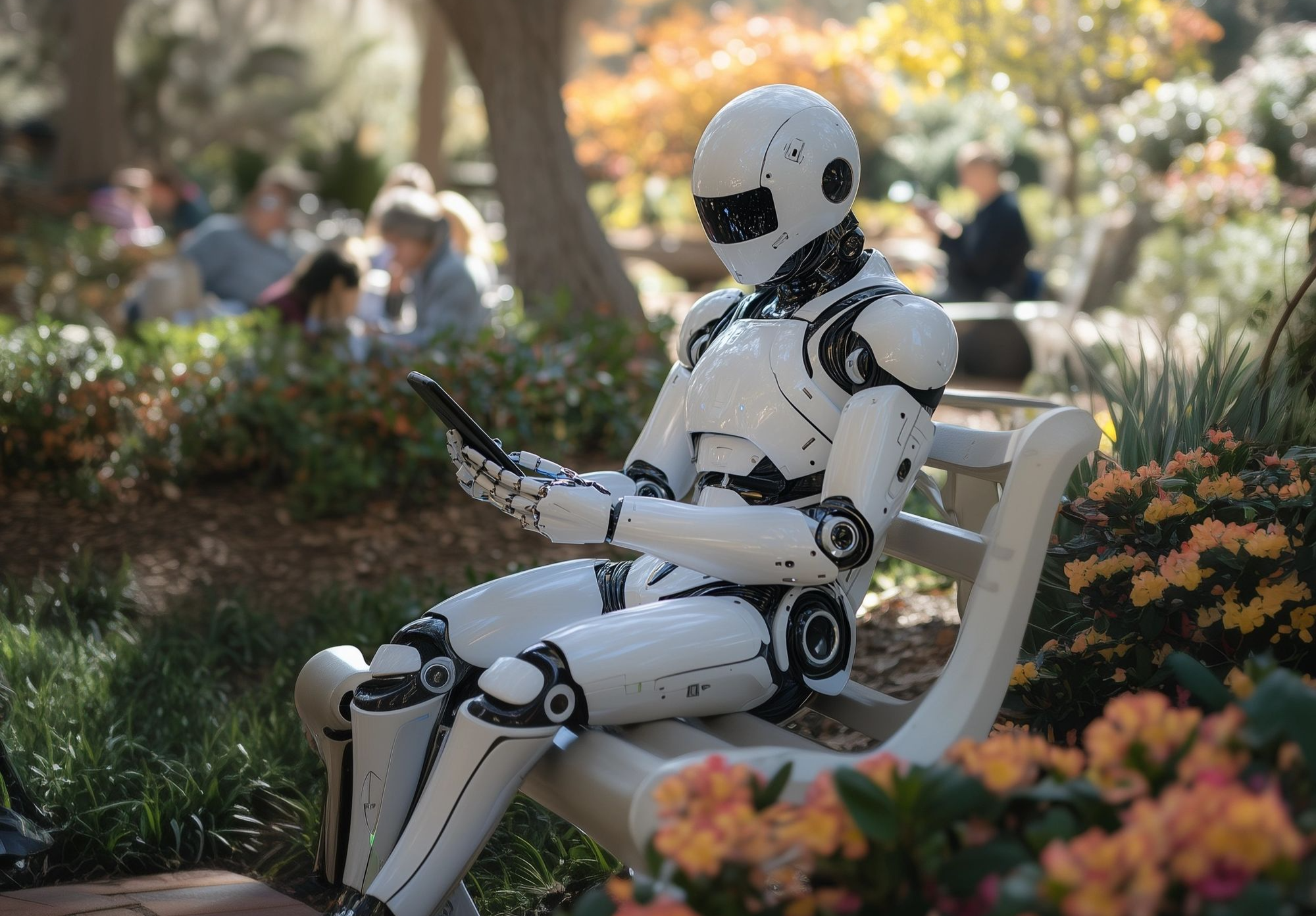 Photo of a futuristic android sitting on a bench in a busy park, fixated on his mobile phone.