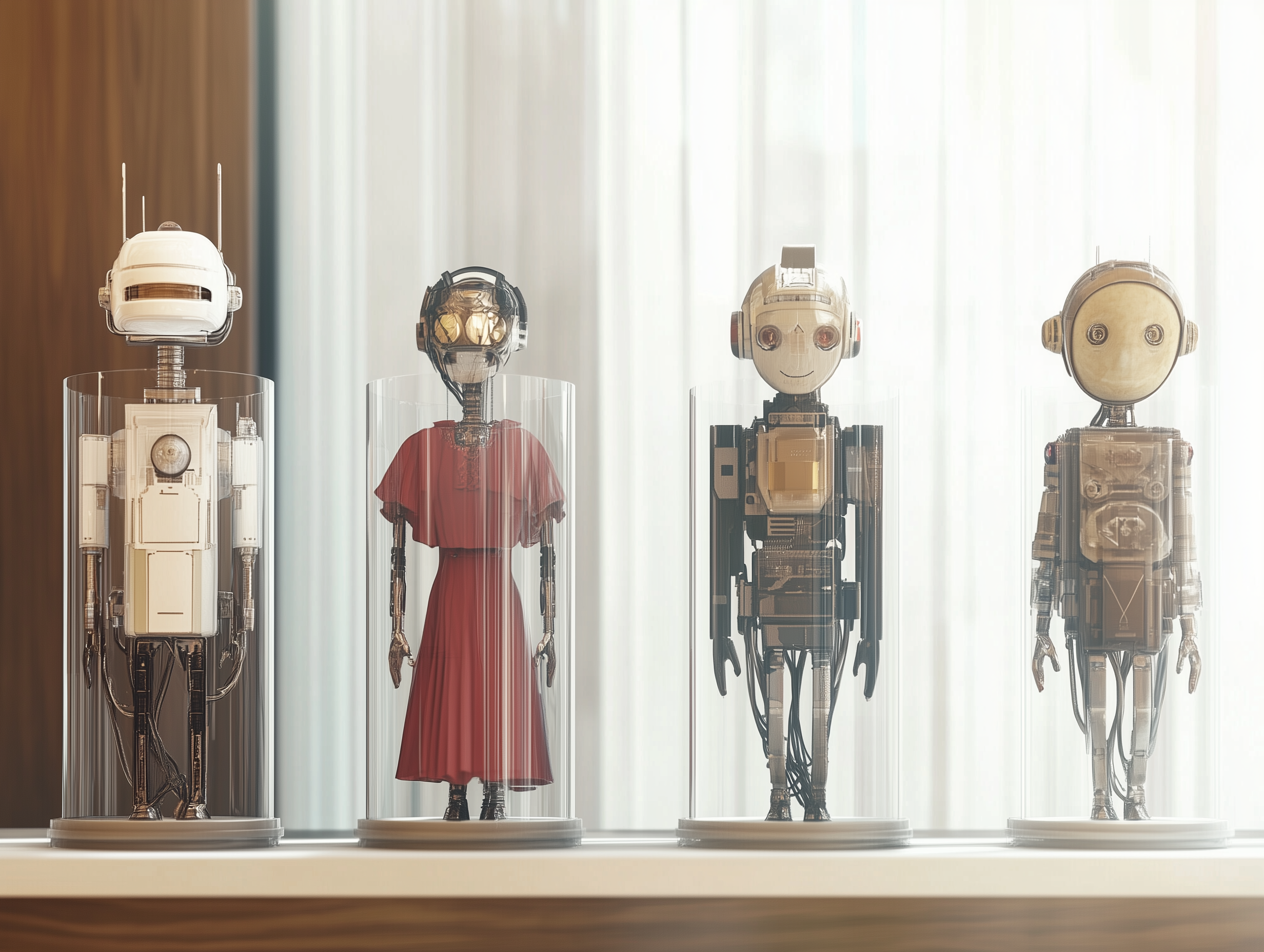 Four very different model-sized humanoid robots in cylindrical glass display cases.