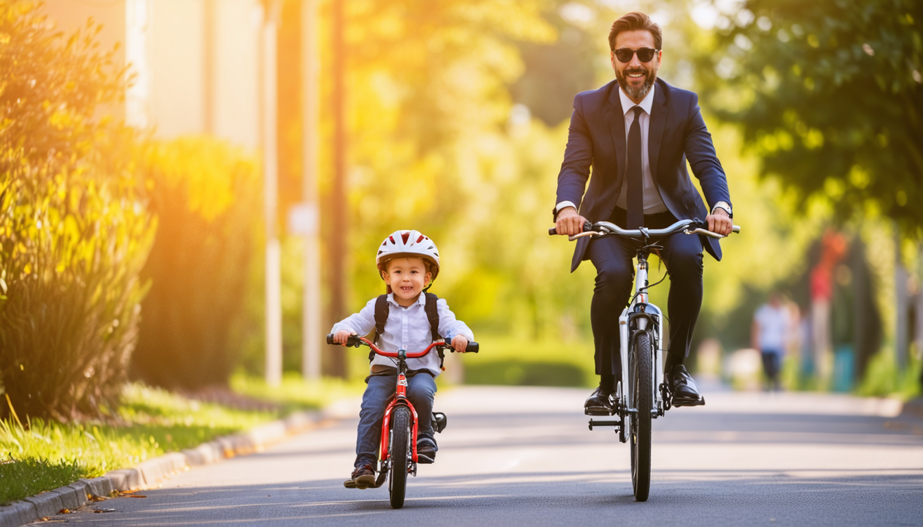 Photo of a small child riding a bike alongside a man in a suit riding a bike.