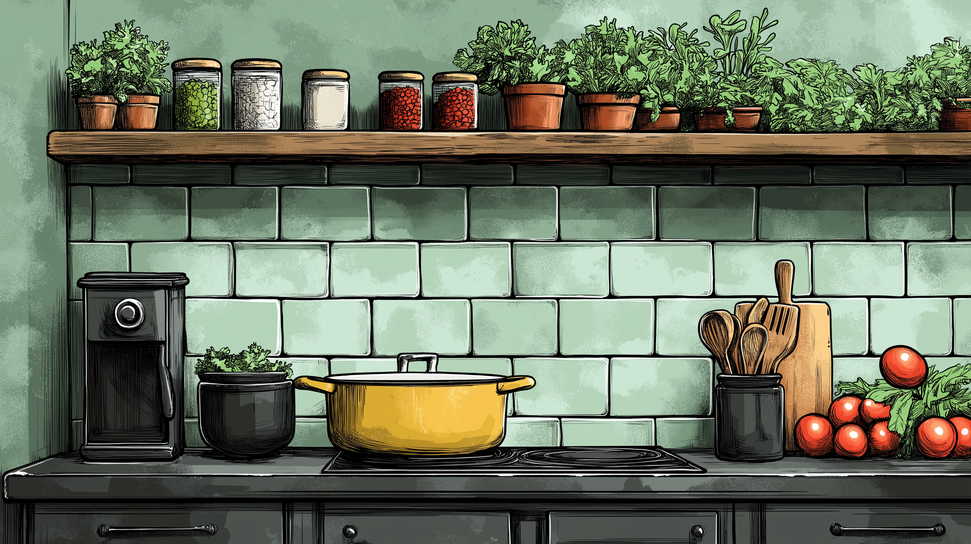 Illustration of a kitchen with a pot of soup on the stove and many fresh ingredients.