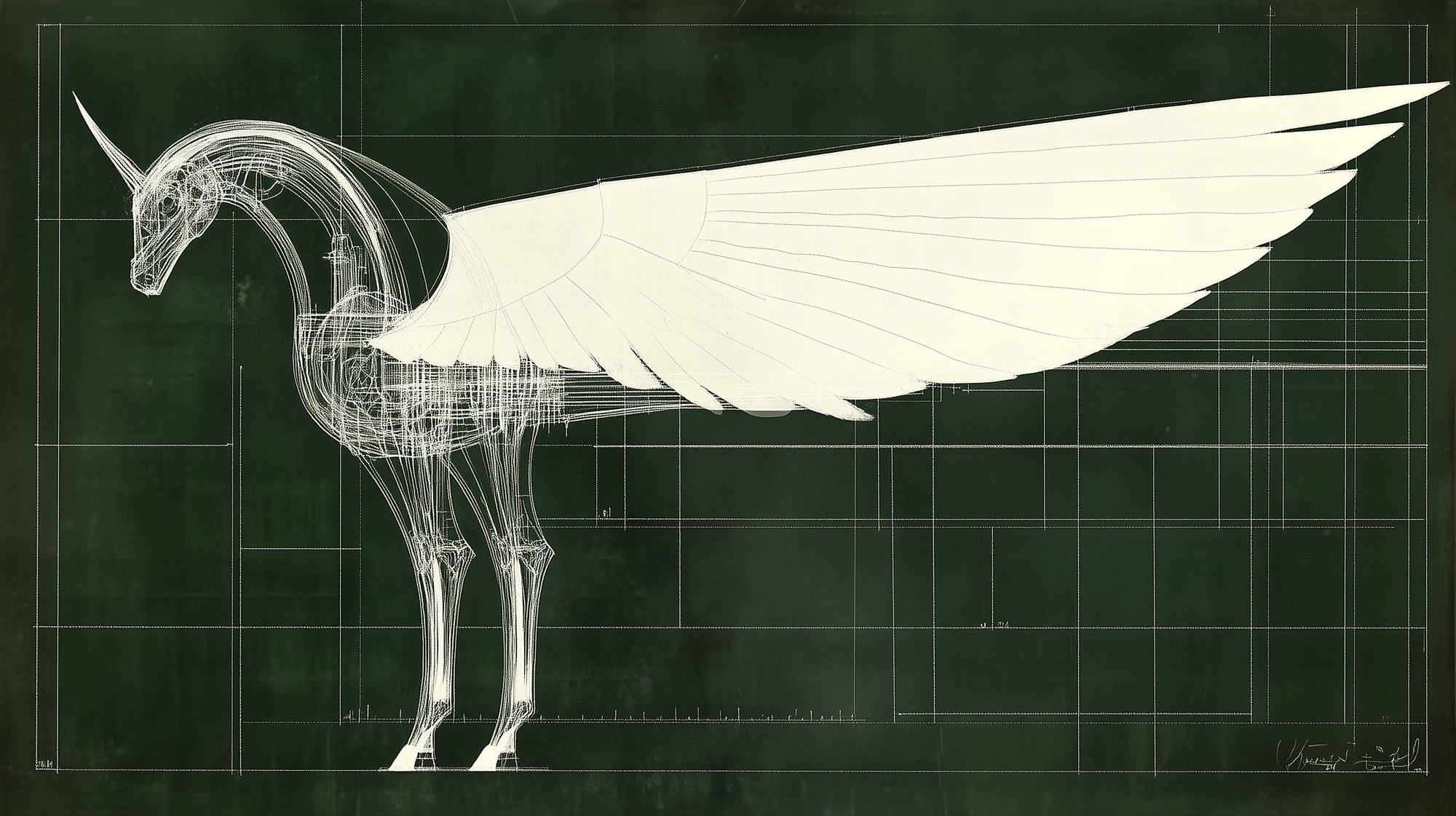 Blueprint of a strange creature that looks like a hybrid of a unicorn and a pegasus