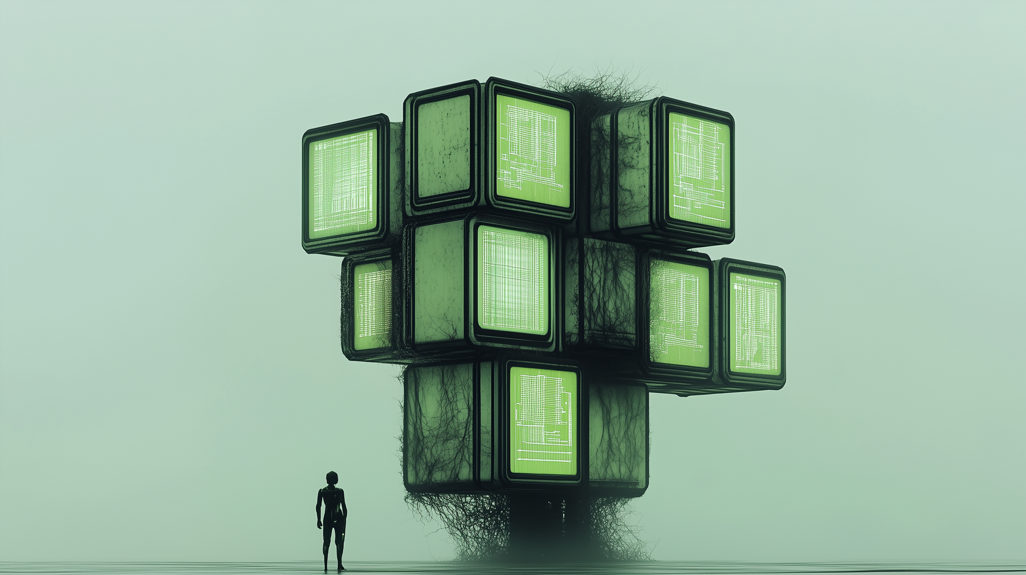 A small silhouetted person stands facing a weird tower of large cubes with green screens