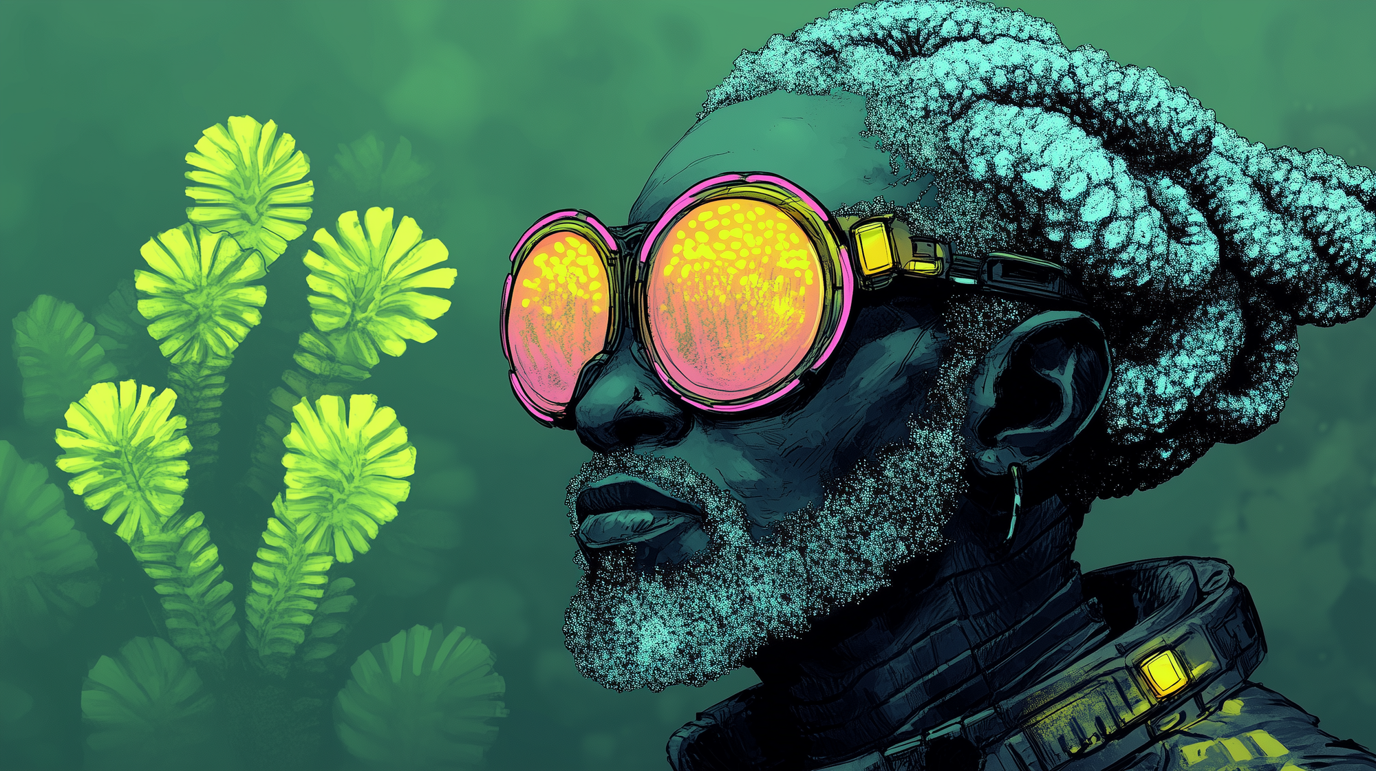 A strange old man wearing futuristic glasses and a space suit, with strange plants in the background