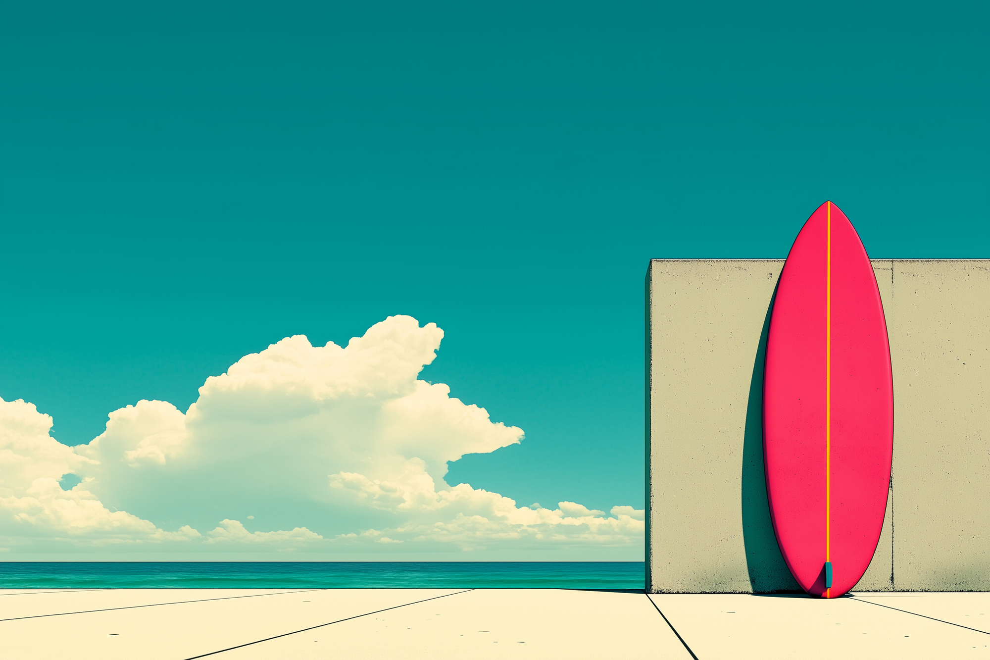 Illustration of a surfboard standing against a wall, with clouds over the sea in the background