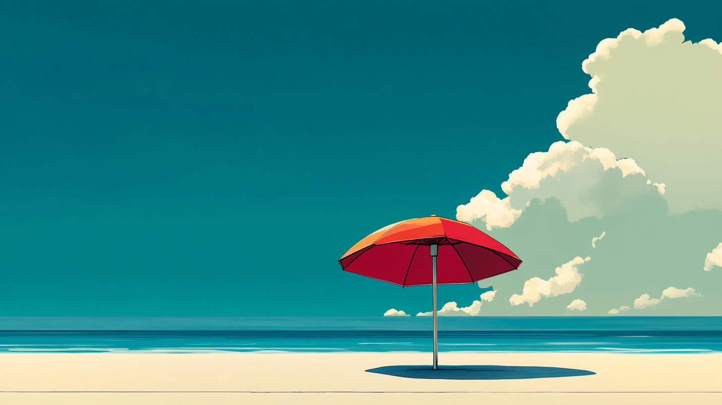 Illustration of a beach umbrella by the shore with large clouds moving in