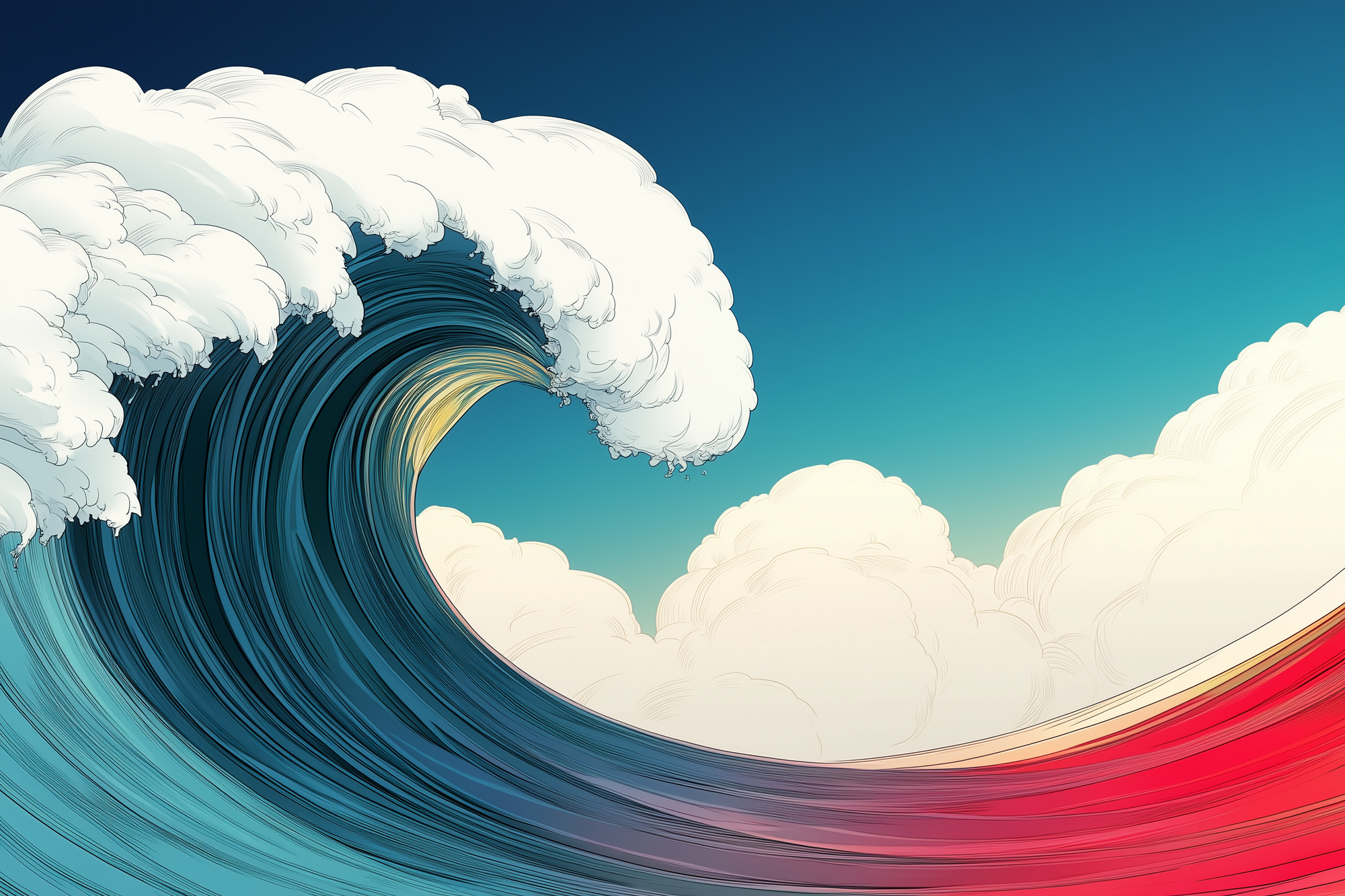 Stylized illustration of a giant wave about to crash with large clouds behind it