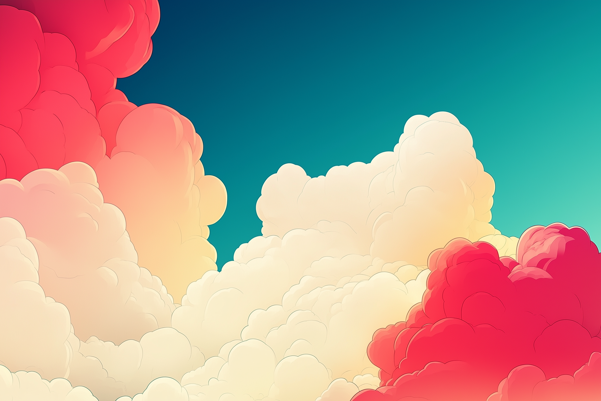 Stylized illustration of giant clouds building up against a blue sky