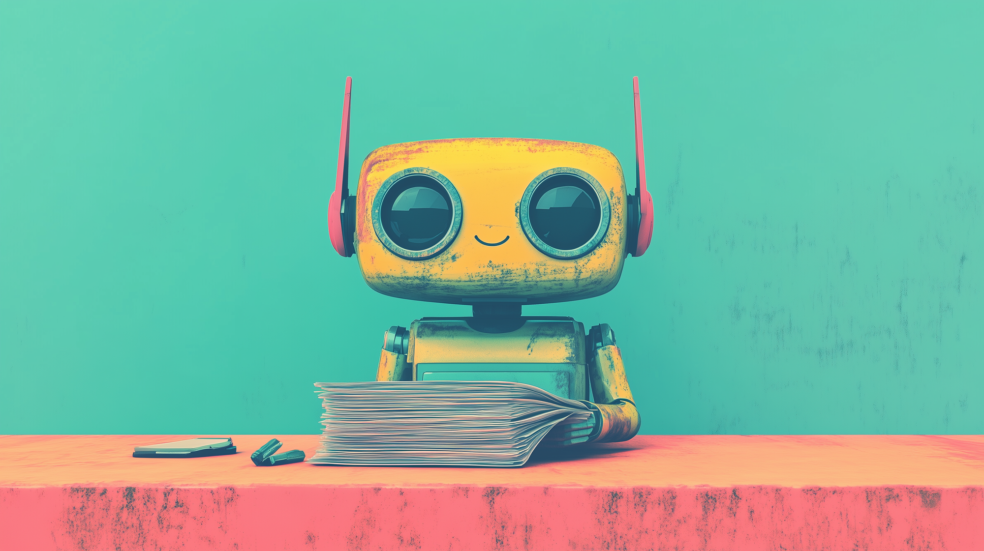 A smiling helpful robot holds a stack of papers