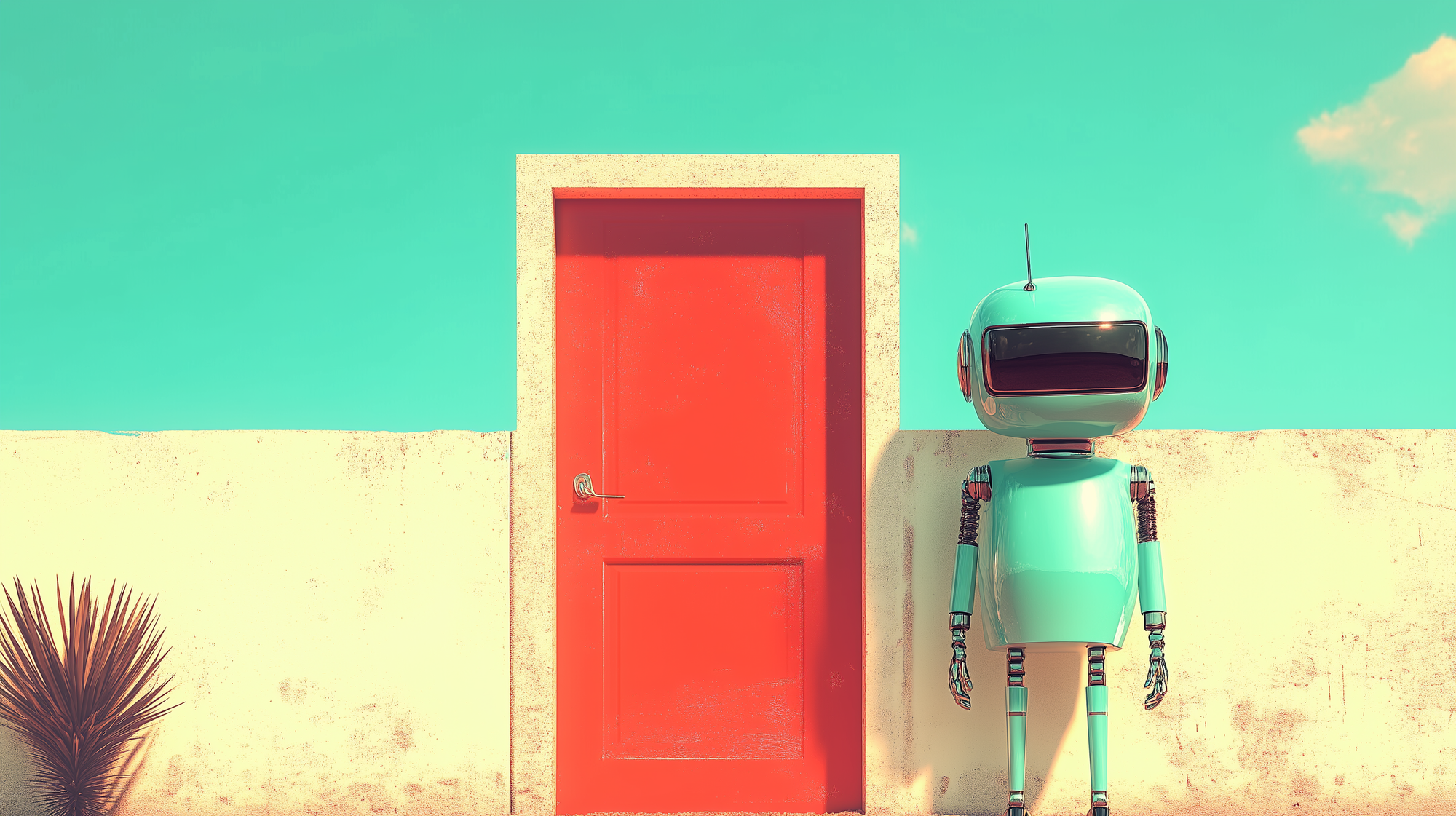 A shiny turquoise robot stands in the sun next to a red door