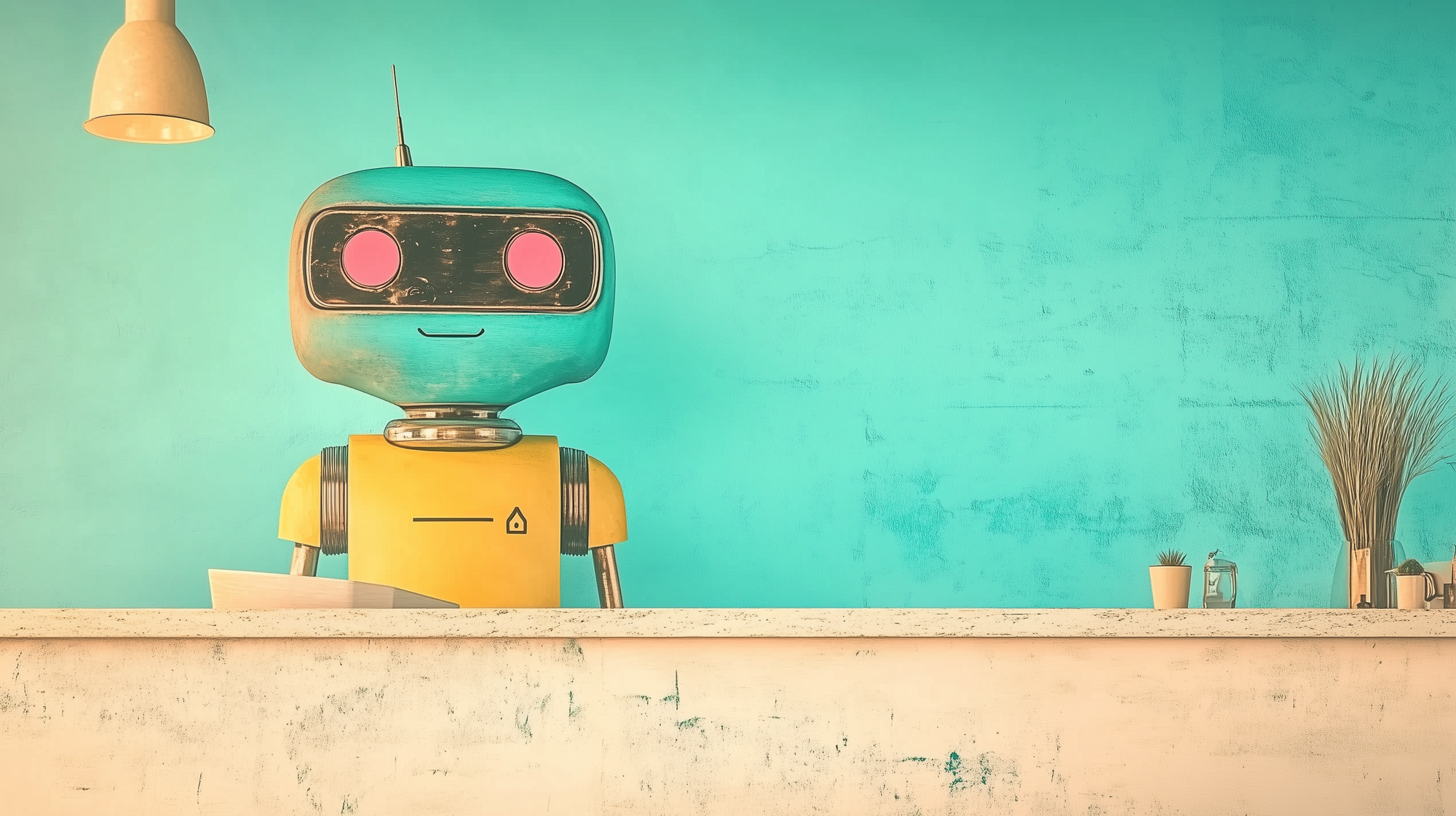 A smiling cheery-coloured robot stands at a reception desk