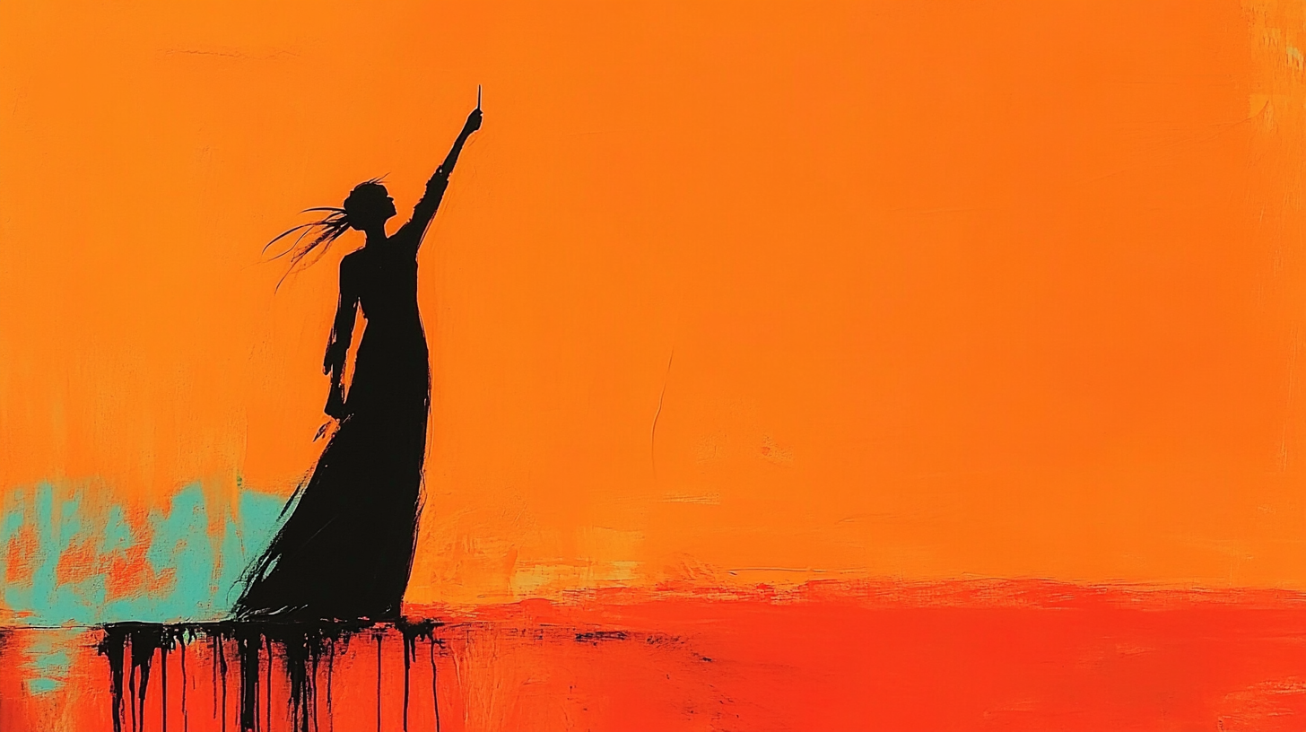 Expressionist painting of a woman in silhouette raising a pen towards the sky, against an orange background