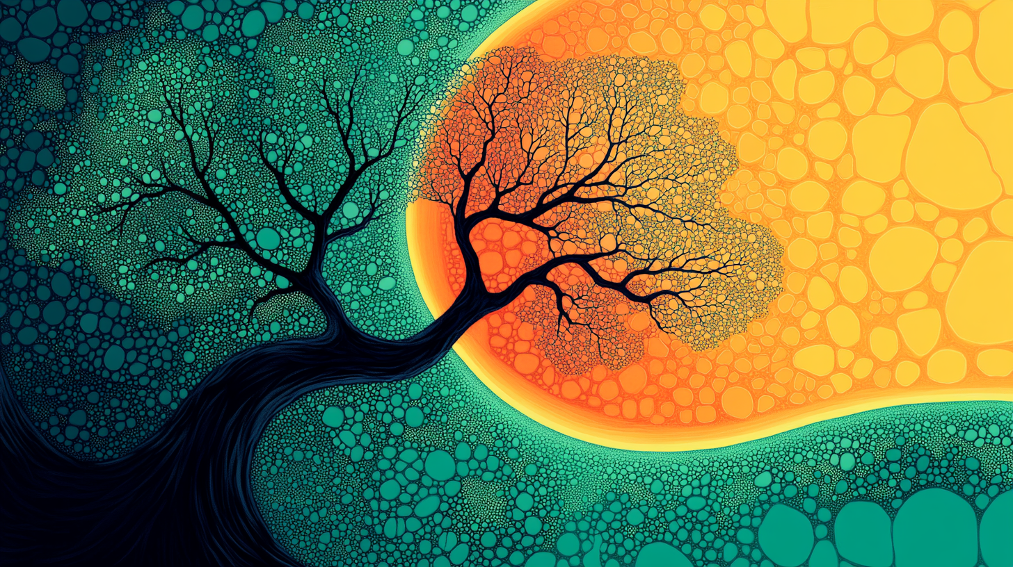 Abstract illustration of a tree with branches extending into colour fields filled with organic shapes