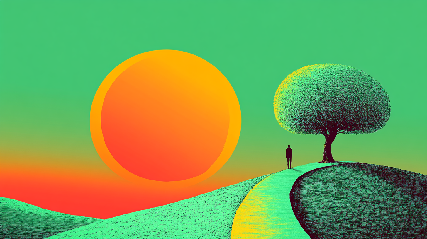 Surreal landscape illustration of a person on a path at the top of a hill standing by a tree as the sun rises