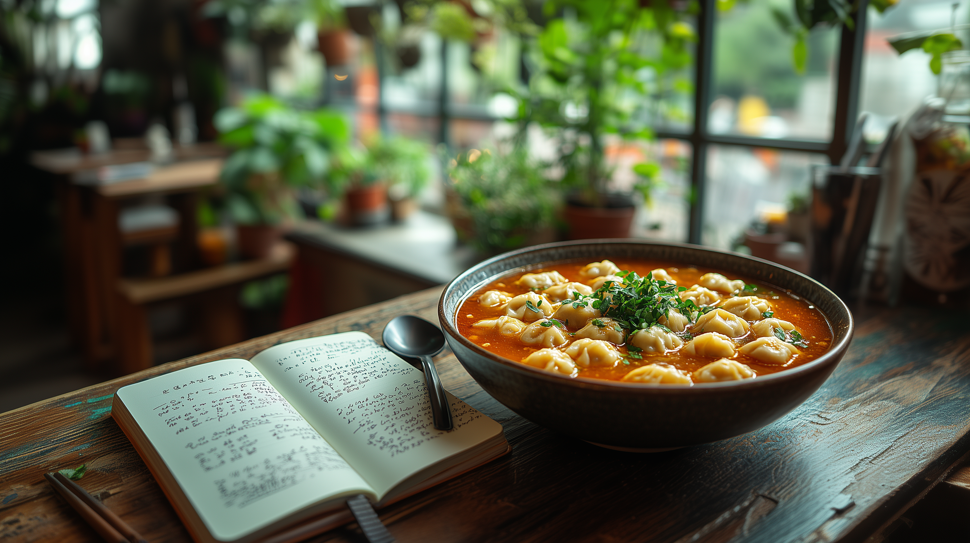 A notebook lies open next to a big bowl of spicy dumpling soup