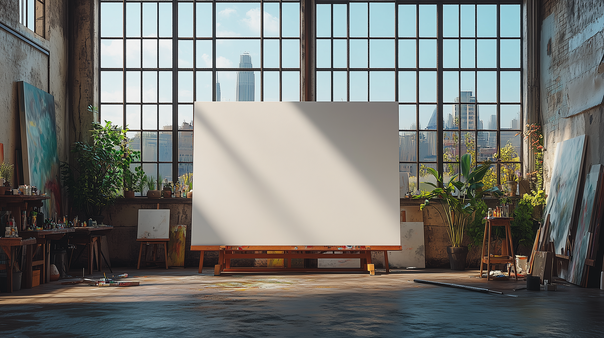 An enormous blank canvas sits on an easel in a bright artist loft