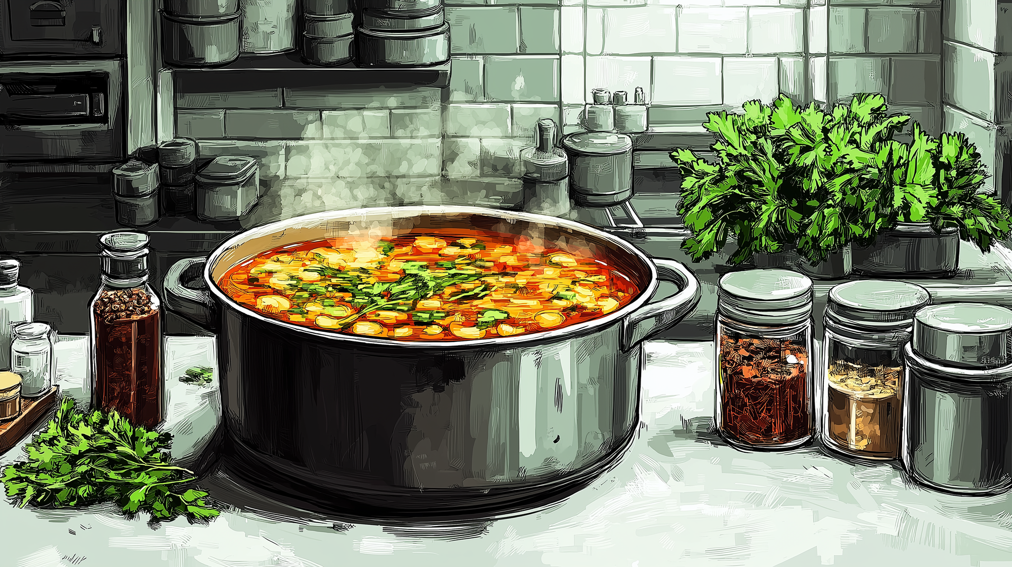 Illustration of a large, steaming pot of soup on a kitchen counter, flanked by fresh herbs and jars of spices.