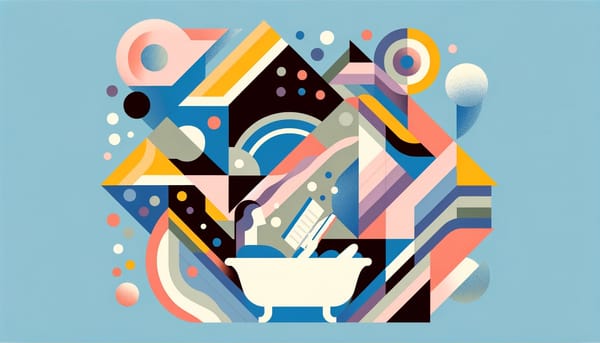 Modernist vector art image of a person reading in a bathtub, surrounded by abstract geometric patterns