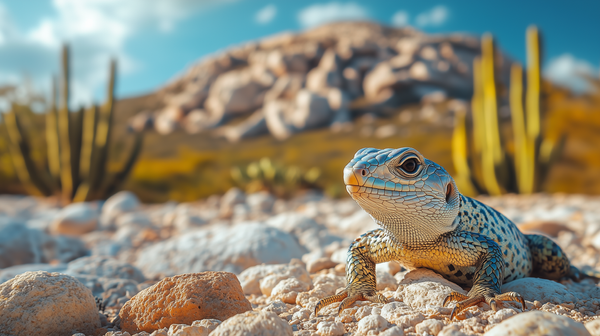 Closeup photo of a blue-tailed skink in the Aruban desert