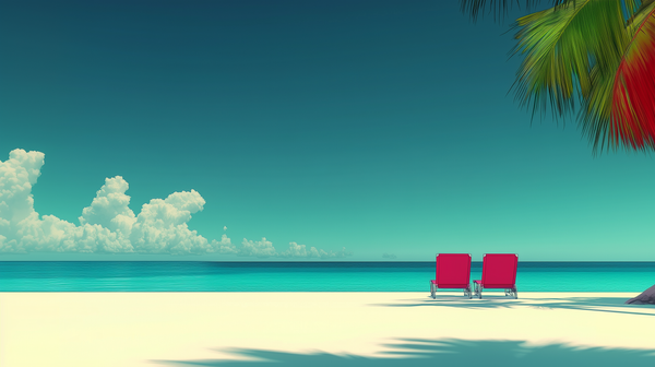 Illustration of two beach chairs by the shore next to a palm tree with clouds gathering over the horizon.