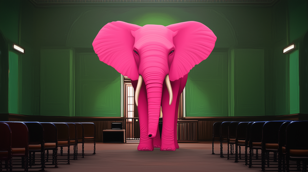 Illustration of a pink elephant standing in an empty courtroom